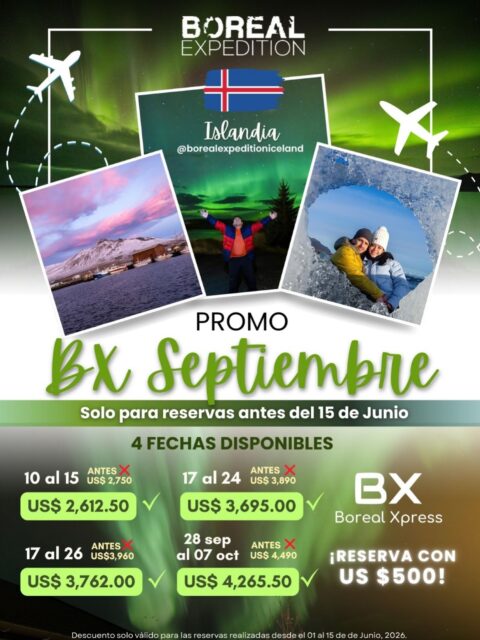🚨 SEPTEMBER PROMO – BOREAL XPRESS (BX) 🇮🇸
If Iceland is on your list, this is your sign: 4 Dates in September to travel the Southern Route and see the best of the country.

⏳ Promotion valid only for reservations made before 15 June
👥 Limited quotas

✅ Dates + promo prices (USD):
* 10–15 Sep: USD $2,612.50
* 17–24 Sep: USD $3,695.00
* 17–26 Sep: USD $3,762.00
* 28 Sep–07 Oct: USD $4,265.50

📩 Comment BX or send us a DM with the word “BX” and we will send you all the information.

#BorealExpedition #BorealXpress #Islandia