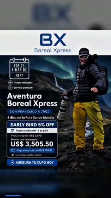 Iceland, auroras and adventure with Francisco Núñez.
Of the 23 from February to 02 March 2027, Live the Southern Route of Iceland with Boreal Xpress.

🔥 Early Bird 5% OFF until 15 July
Original price: US$ 3,690
Discounted price: US$ US$05.50
Pay in 6 US$ installments 500.91
Does not include air tickets.

Respond FRANCISCO and we will send you all the information to reserve your spot.

#borealexpedition #obsesionislandia #islandia #exploreiceland