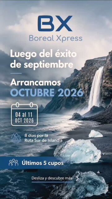 After the success of our September sold out tours, October arrives with a new opportunity to experience Iceland. 🇮🇸

Of 4 al 11 October 2026, Boreal Xpress will tour during 8 days some of the most impressive landscapes of the Southern Route: glaciers, waterfalls, Black beaches, Jökulsárlón, Diamond Beach, Golden Circle and much more.

Besides, We begin a new stage with Boreal Expedition Tours and our operations center in Reykjavík: more local support, more security and an organized experience with Latin American personnel residing in Iceland.

They are left alone 5 quotas.

Write to me on WhatsApp and I'll tell you all the details and the special surprise we have prepared for these last places.

Explore, connect and live Iceland.

#borealexpedition #tourtodoincluido #islandia2026 #cazadoresdeauroras #BorealExpeditionTours