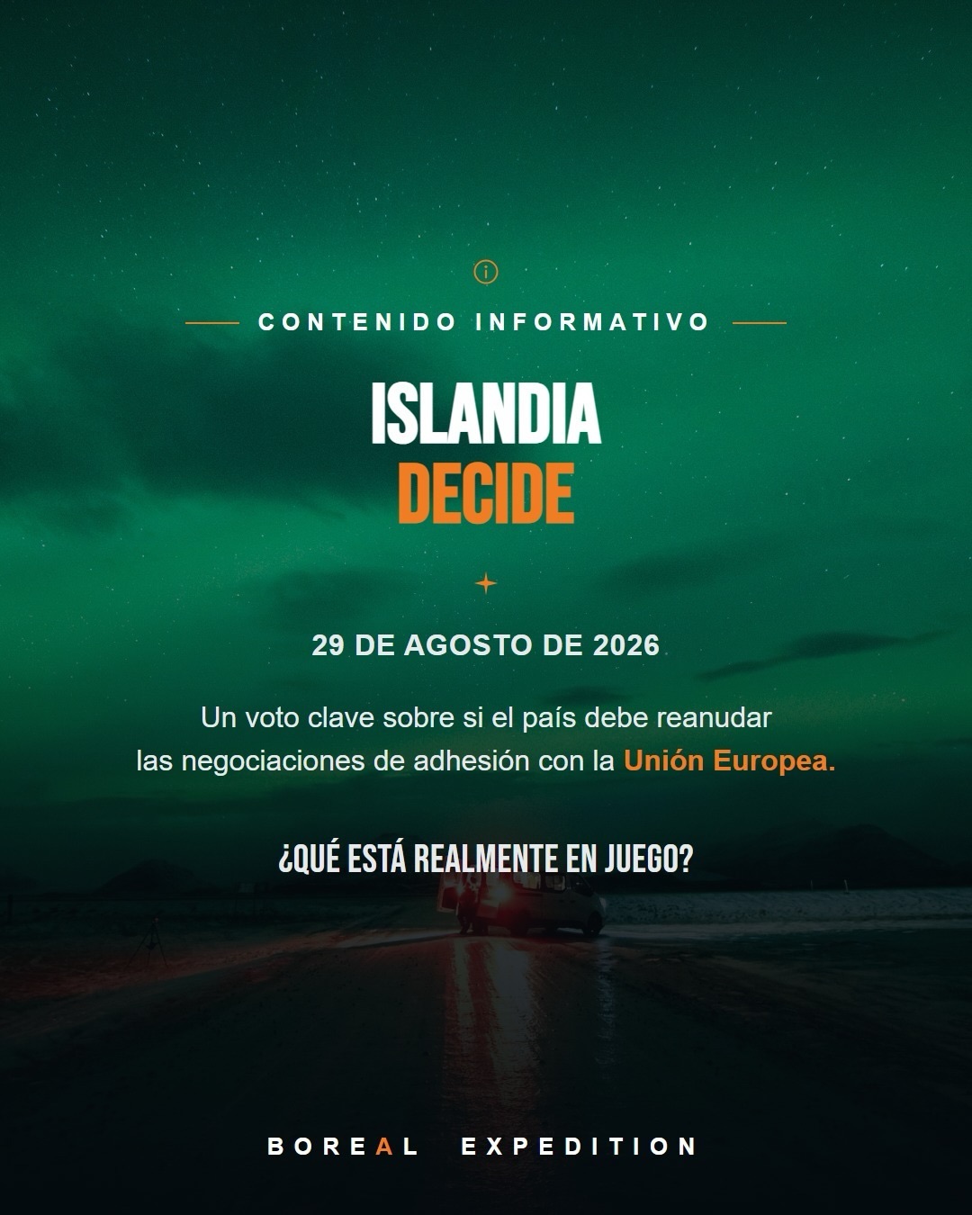 🇮🇸 El 29 de agosto, Islandia vota.

 ⚠️ Un voto sobre si el país retoma las negociaciones de adhesión que llevan años congeladas.

✅ Un sí no garantiza nada automático.
❌ Un no deja las cosas como están hoy.

Lo que sí es cierto: esta votación abre una conversación clave sobre economía, pesca, moneda, soberanía y el lugar de Islandia en Europa 🌍

Te dejamos el resumen completo en el carrusel, desliza ➡️

💬 ¿Tú qué opinas? ¿Islandia debería acercarse más a la UE o mantenerse como está? Te leemos en los comentarios.

📌 Guarda este post y compártelo con quien le interese el tema.
.
#Islandia #IslandiaDecide #UniónEuropea #BorealExpedition #Islandia2026