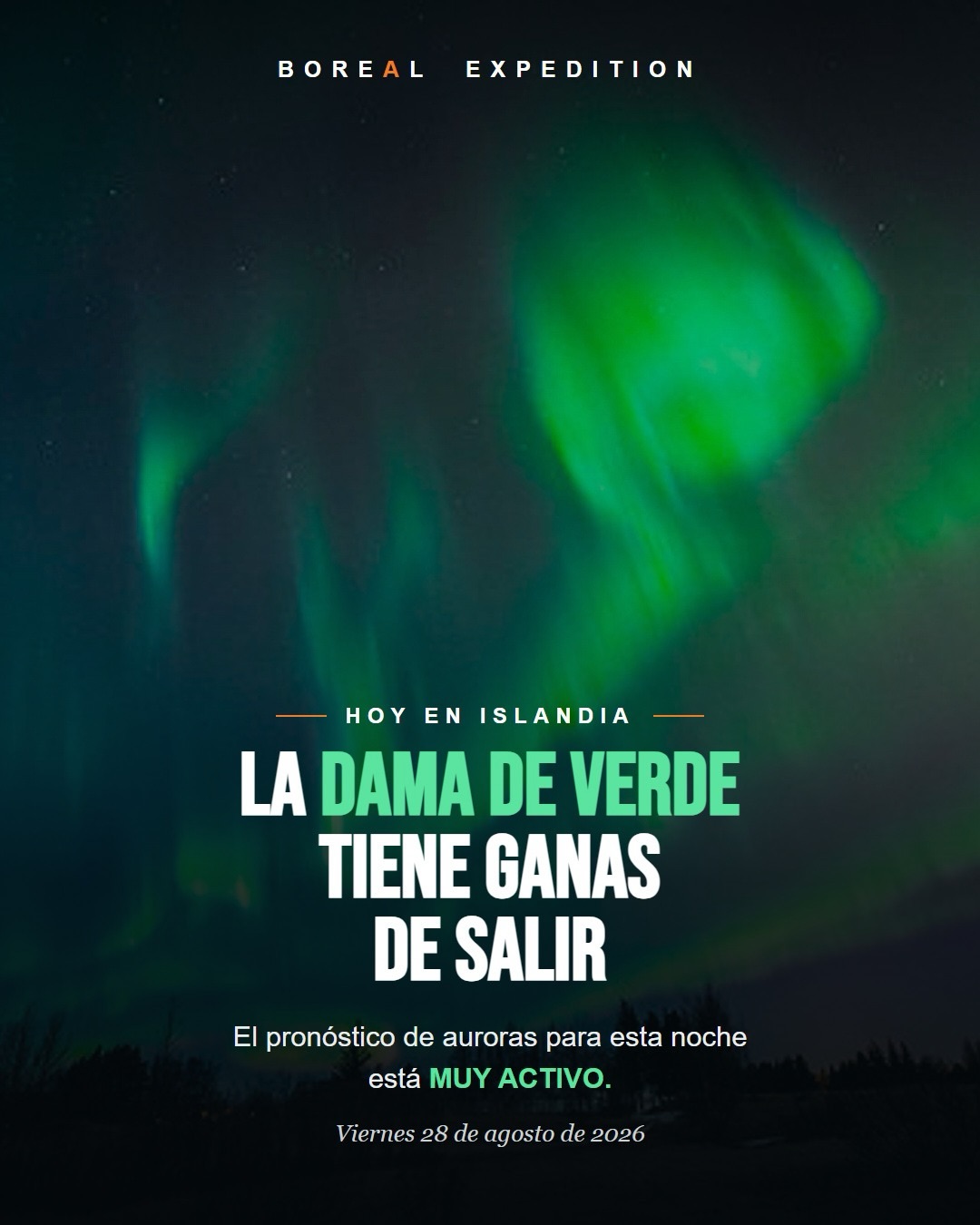 La Dama de Verde tiene ganas de salir. 💚

El pronóstico de auroras para esta noche en Islandia está MUY ACTIVO, y nuestro grupo del Tour de los Highlands está justo allá.

Si el cielo coopera, estas serían las primeras auroras de la sexta temporada. 🇮🇸

Pero el dato completo dice algo más, y por eso lo contamos:

⚡ KP 6 toda la noche, que es actividad de tormenta geomagnética
☁️ 15% de nubes entre las 21:00 y medianoche
☁️ 100% de nubes después de medianoche

O sea que la ventana buena es corta: entre las 21:00 y las 00:00, hora de Islandia. Y como oscurece cerca de las 22:30, la franja real es de poco más de una hora.

Esto es lo que casi nadie dice: una aurora fuerte con nubes encima no se ve. Un índice bajo con cielo limpio, sí. Por eso no esperamos sentados: leemos el pronóstico cada noche y movemos al grupo hasta donde el cielo esté abierto.

Mañana les contamos cómo nos fue. 🤞

¿Quieres estar en la próxima? Escríbenos FECHAS por mensaje directo y te mandamos las salidas que todavía tienen cupo. 
.
.
.
#aurorasboreales #islandia #highlands #sextatemporadaboreal