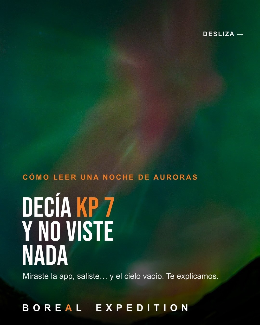 KP 7. Saliste emocionado. No viste nada. 🌌

Pasa muchísimo, y la razón es simple: el índice KP mide la actividad solar, no mide si hay nubes sobre tu cabeza.

Una aurora visible necesita cuatro cosas al mismo tiempo: oscuridad, actividad solar, cielo despejado y estar en el lugar correcto. Si falla una sola, no hay show. ❌

Por eso nunca miramos una sola app. Leemos el pronóstico completo y movemos al grupo hacia donde el cielo se está abriendo.

👉 Comenta GUIA y te enviamos gratis la Guía Boreal, con el capítulo completo de cómo leer una noche de auroras.

📌 Guárdalo. Te va a servir la primera noche.
.
.
.
#AurorasBoreales #NorthernLights #Islandia #Iceland #IndiceK