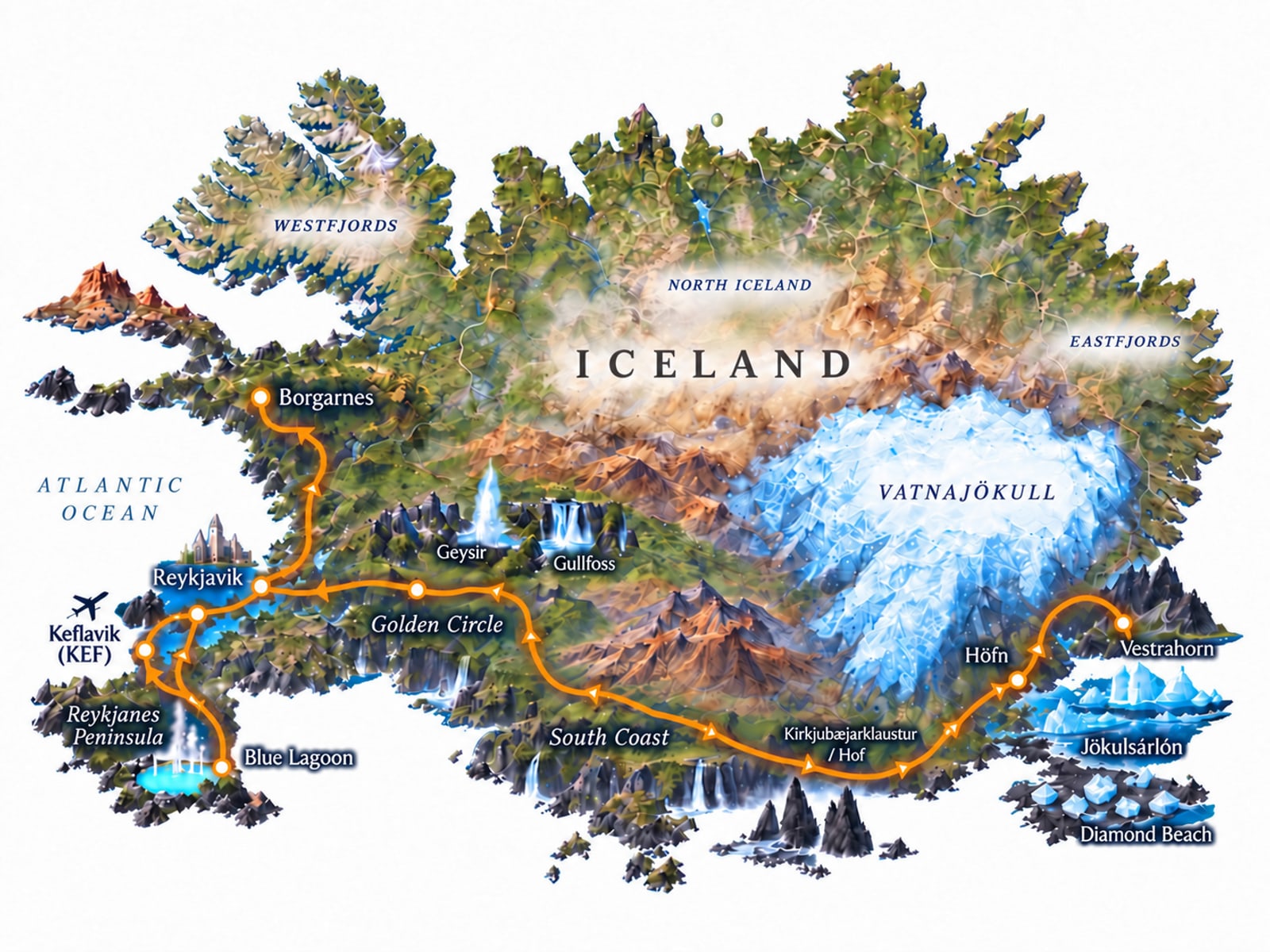 Map of the 8-day route across southern Iceland, from Keflavík to Vestrahorn and back